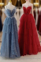 A-Line Tulle Layers Beaded Straps Long Party Dress, Tulle Semi Formal Prom Dress Evening Dress